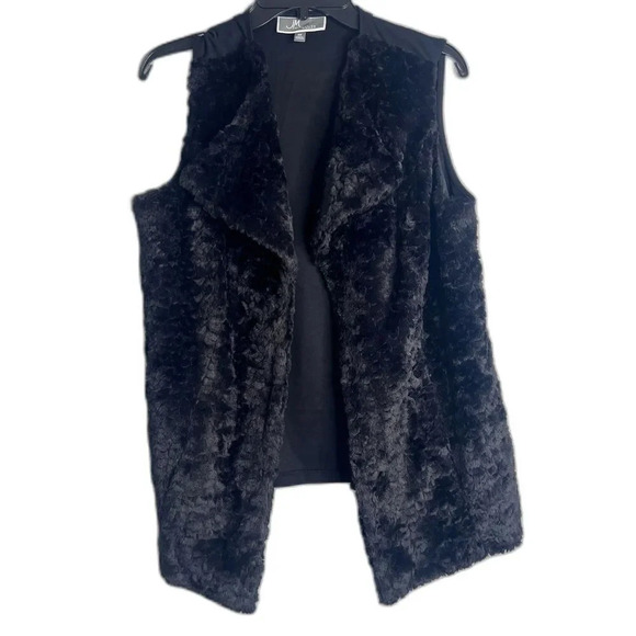 JM Collection Woman Black Sleeveless Open Front Faux Fur Front Vest Size 0X/12 - Picture 1 of 7